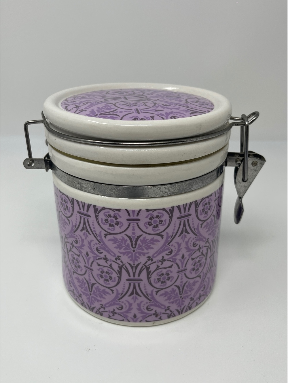 Vintage Purple Floral Ceramic Jar Canister Storage Container Wire Metal Clamp